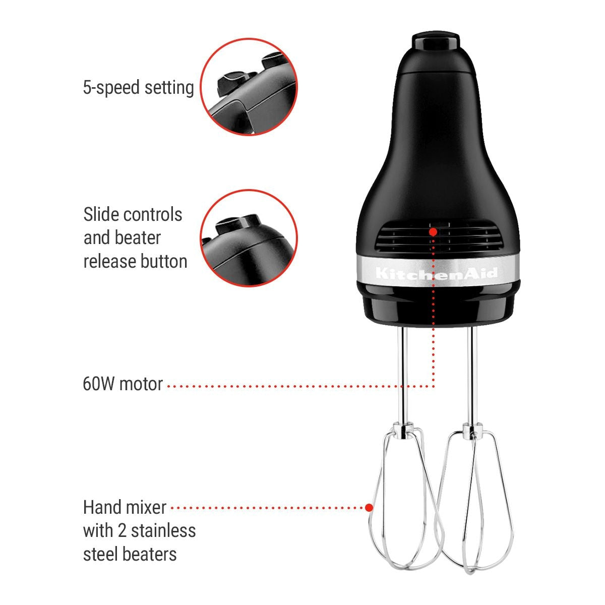 Kitchen Aid Compact 5-Speed Hand Mixer with Stainless Steel Accessories, Black O7A6 - product image 3